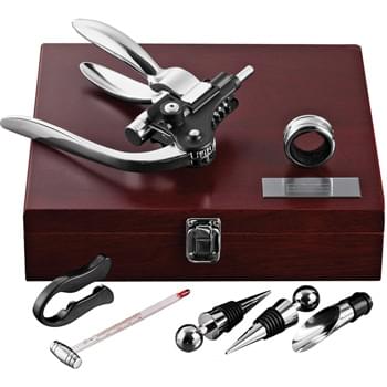 Executive Wine Collectors Set - Nine-piece wine set features a cherry polished wooden case for compact storage. Includes an ergonomic bottle opener, foil seal cutter, drip ring, thermometer, pourer, two wine stoppers, and two replacement corkscrew bits.