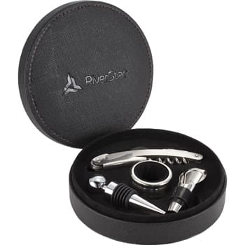 Modena Wine Gift Set - The five piece Modena wine gift set includes a stopper, waiter corkscrew, drip ring and pourer with stopper in a fine detailed UltraHyde gift box. This retail inspired gift set is perfect for any gifting occasion.