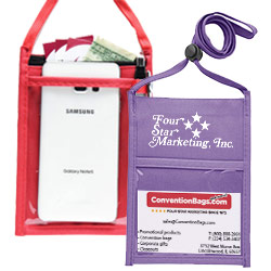 Polyester Double-Window Badgepak - 6 3/4"H x 5 1/4"W 600D Polyester neck wallet with 3/8" adjustable lanyard. Has clear front and back window. Also zipper pocket. Available in 15 colors with PMS match imprint. Front Clear Window Insert Size: 3" H x 4" W. Top Zipper Pocket Insert Size: 5.5" H x 4" W. Back Clear Window Insert Size: 5" H x 4" W.