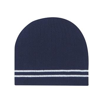 Ribbed Knit Beanie With Double Stripe - 100% Ribbed Acrylic | One Size Fits All