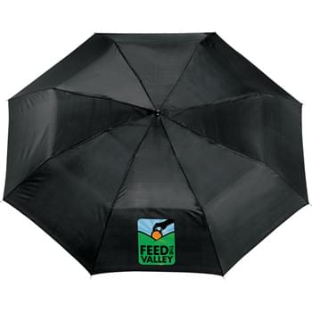 41" Folding Umbrella - Manual opening. Polyester canopy with matching color case. Three-section folding metal shaft. Ergonomic matte black plastic handle with wrist strap. Folds to only 9" long. Available for one-day turn with Sureship®.