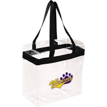 Game Day Clear Stadium Tote - As part of  exclusive Game Day Collection, this clear tote is perfect for fans packing their stadium and event day items safely. Also great for workplace safety. Open main compartment with sporty webbing trim and dual carrying handles. Note that if the bag is being carried into an NFL stadium, the NFL requires that logo sizes do not exceed 4.5" tall by 3.4" wide.
