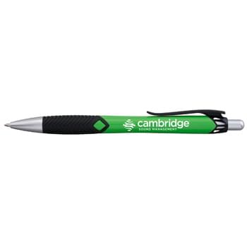 Koruna&trade; - Eye-catching promotional pen with unique details and a budget price. Vibrant brights contrast with contemporary black and brushed silver accents. Jumbo ergonomic shape and textured rubber grip for writing comfort. High perceived value at a budget price.