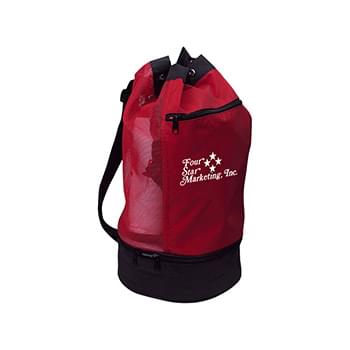 Beach Bag With Insulated Lower Compartment - Made Of 70D Nylon | Adjustable Web Shoulder Strap | Mesh Back Upper Compartment With Adjustable Drawstring | Insulated Lower Compartment With PEVA Lining | Outside Front Zippered Pocket | Spot Clean/Air Dry