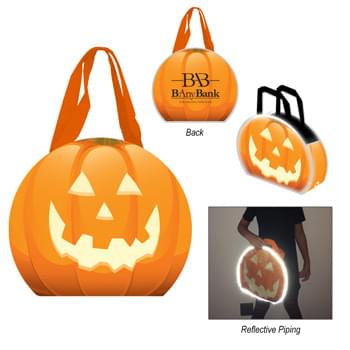 Reflective Halloween Pumpkin Tote Bag - Made Of 80 Gram Laminated Non-Woven, Coated Water-Resistant Polypropylene | Made With Up To 20% Post-Industrial Recycled Material   | Jack-O-Lantern Printed On Front | Patented Reflective Piping Accents   | 3 1/5" Gusset | 15" Handles   | Spot Clean/Air Dry