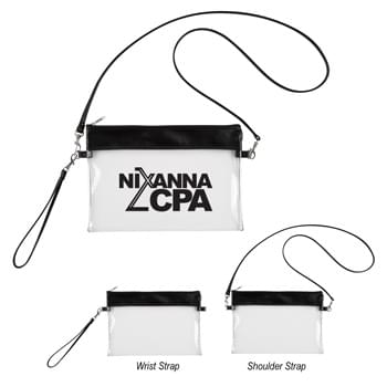 Game Day Clear Wristlet Pouch - Made Of PVC Material  | Top Zippered Closure  | Meets Prop65 Limits For Lead, Heavy Metals, And Phthalates   | Meets NFL Sizing Guidelines | Detachable Wrist Strap And Shoulder Strap  | Spot Clean/Air Dry