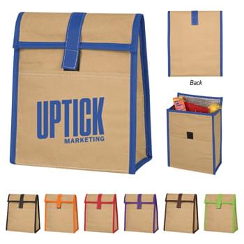 Woven Paper Lunch Bag - CLOSEOUT! Please call to confirm inventory available prior to placing your order!<br />Made Of 95 GSM Eco-Woven Paper | Foil Laminated PE Foam Insulation | Front Pocket | Hook And Loop Tab Closure | Spot Clean/Air Dry