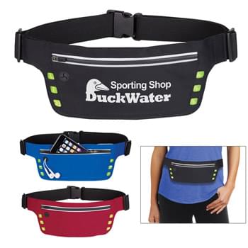 Running Belt With Safety Strip And Lights - Reflective Zippered Closure | 6 Extra Bright LED Lights Under Reflective Squares | Push Button On Tab For Fast Blink, Slow Blink, Solid On, Then Off | Button Cell Battery Included Under Hook & Loop Closure Tab | Built-In Slot For Earbuds | Adjustable Elastic Waist Strap | 60" Maximum Belt Size | Spot Clean/Air Dry
