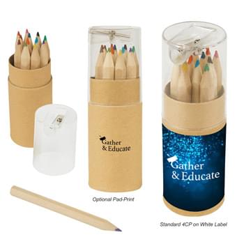 12-Piece Colored Pencil Set In Tube With Sharpener - Pencil Colors Include Black, Blue, Brown, Dark Green, Light Blue, Light Green, Maroon, Orange, Pink, Purple, Red and Yellow | Pencil Sharpener Included On Top Of The Lid