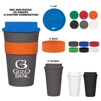 16 Oz. Travel Tumbler - Choose Your Own Color Combination   | Screw-On, Spill-Resistant Sip Through Lid  | Silicone Band For Easy Comfort Grip   | Meets FDA Requirements   | BPA Free   | Hand Wash Recommended