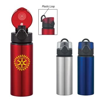 25 Oz. Aluminum Sports Bottle With Flip Top Lid - Clasp Locks Lid When Not In Use | Meets FDA Requirements | BPA Free | Push Button To Pop Lid | Plastic Loop For Carrying Or Attaching | Hand Wash Recommended
