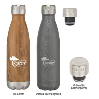 16 Oz. Stainless Steel Woodtone Vacuum Bottle - Screw On, Spill-Resistant Lid | Wide Mouth Opening | Double Wall Construction For Insulation Of Hot And Cold Liquids | Vacuum Sealed | Keeps Drinks Cold Up To 24 Hours And Hot Up To 12 Hours | BPA Free | Meets FDA Requirements | Hand Wash Recommended