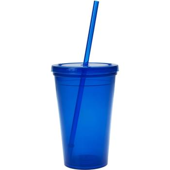 16 Oz. Economy Double Wall Tumbler - Made With Up To 25% Post-Industrial Recycled Polypropylene Material | Matching Snap-On Lid And 9" Straw | Made In The USA | Meets FDA Requirements | BPA Free | Hand Wash Recommended