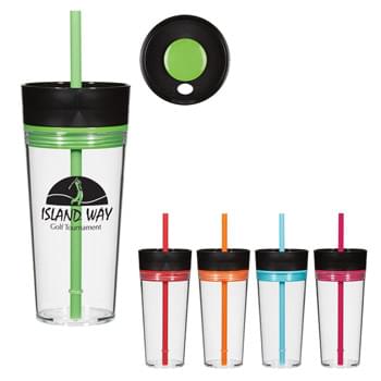 16 Oz. Aurora Tumbler - Double Wall Construction For Insulation Of Hot Or Cold Liquids    | Screw On, Spill-Resistant Thumb-Slide Lid   | Matching 9" Straw   | Meets FDA Requirements   | BPA Free   | Hand Wash Only 