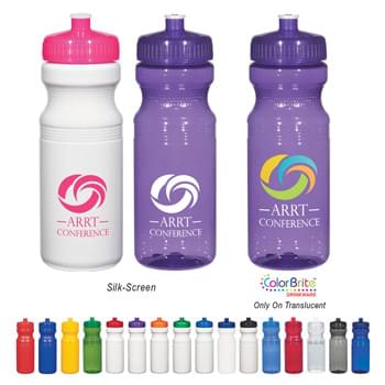 24 Oz. Poly-Clear Fitness Bottle - White and Translucent: Made With PET Material | Solid Colors: Made With Up To 25% Post-Industrial HDPE Material | Leak-Resistant Push Pull Lid | Does Not Retain Odor Or Taste | Not For Hot Liquid Use | Made In The USA | Proposition 65 Compliant | Contains No Lead | Meets FDA Requirements | BPA Free | Hand Wash Recommended