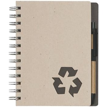 Eco-Inspired 5" X 7" Spiral Notebook & Pen - 80 Page Lined Notebook With Recycled Symbol On Bottom Corner Of Pages | Recycled Symbol Die-Cut On Cover | Elastic Pen Loop | Matching Pen Has Paper Barrel