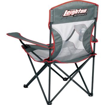 High Sierra® Camping Chair - Lightweight style is durable and sporty. Breathable mesh fabric will dry fast in the event of an unexpected rainfall. Each Armrest has an integrated cup holder. Folds into a High Sierra® carrying case with shoulder strap.