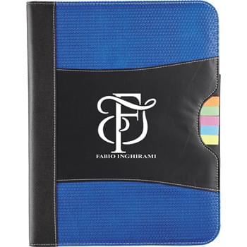 Flare Organization Portfolio - Five assorted color sticky flags.  Inside cover panel contains two business card pockets, document pocket and elastic pen loop.  Includes refillable, 30 ruled page notepad.