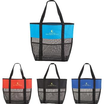 Utility Beach Tote - The open main compartment and mesh body makes this tote the perfect beach accessory Utility pockets run around the whole bag allowing for extra space to store water bottle, magazines and snacks. Mesh bottom allows for sand to be easily shaken through. 23.5" handles.