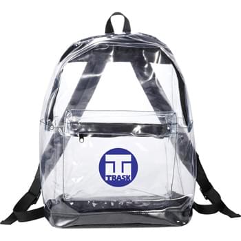 Rally Clear Backpack - Clear material makes this bag perfect for stadium, event, workplace and other safety purposes. Large zippered main compartment with reinforced 210d bottom. Large gusseted zippered front pocket with protective flap. Adjustable padded shoulder straps. Top carry handle.