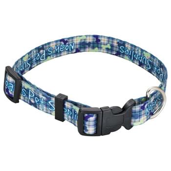 Full Color Pet Collar - 3/4"W x 20"L - Fully sublimation-dyed adjustable pet collar. 3/4-inch width. Heavy-duty, high-quality smooth polyester webbing with increased tensile strength. Includes snap lock plastic buckle, metal D-Ring, Tri-Glide & Loop. Packed in standard bundles of 25. Made in USA. FOB ZIP: RI, 02920