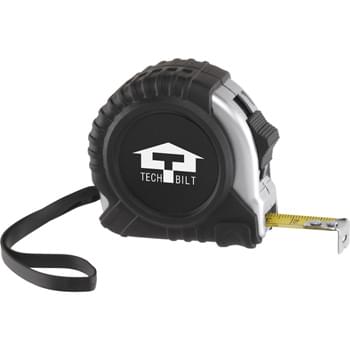 The Journeyman Locking Tape Measure - 10-foot retractable tape measure. Standard and metric measurements. Rubber casing. Sturdy plastic wrist strap. Slide locking button locks tape in place. Metal belt-clip on back.