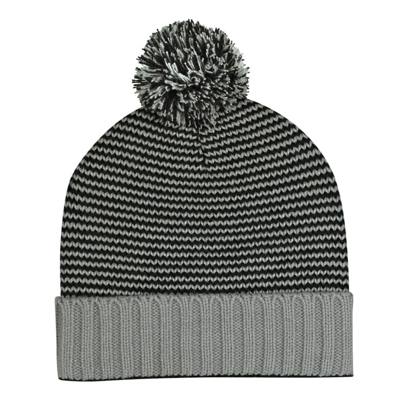 Knit Pom Striped Beanie With Cuff