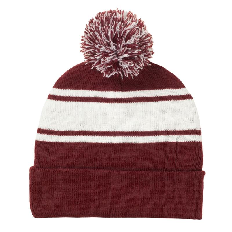 Two-Tone Knit Pom Beanie With Cuff