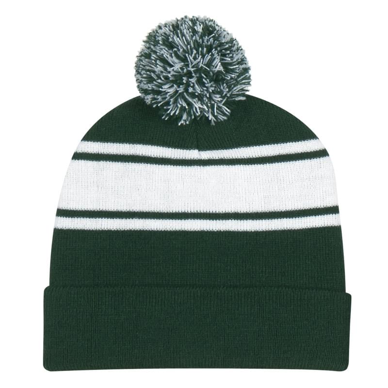 Two-Tone Knit Pom Beanie With Cuff