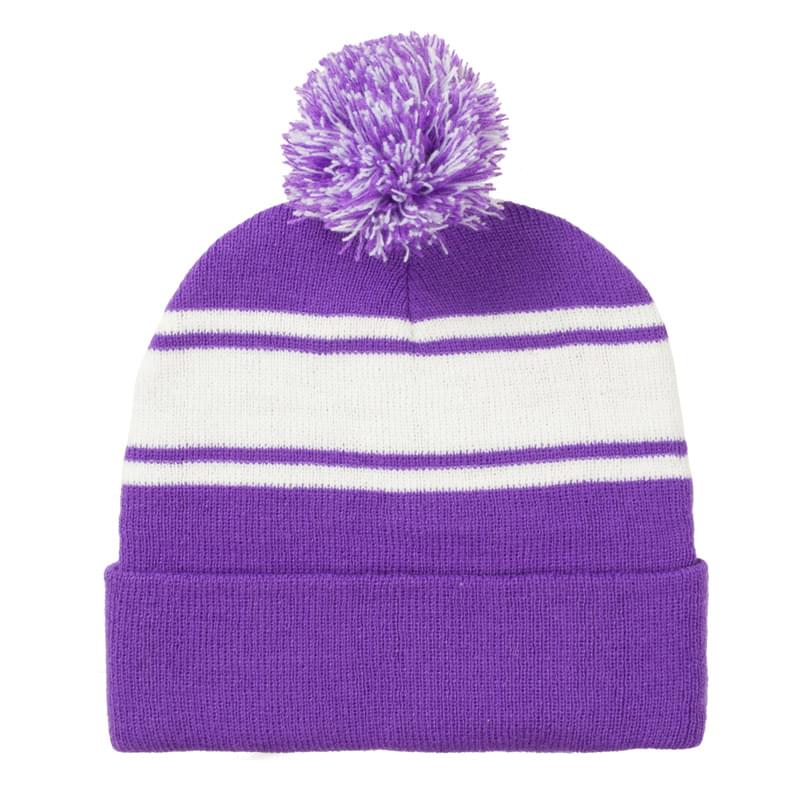 Two-Tone Knit Pom Beanie With Cuff