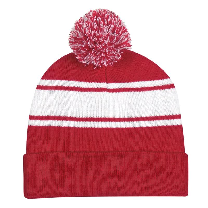 Two-Tone Knit Pom Beanie With Cuff