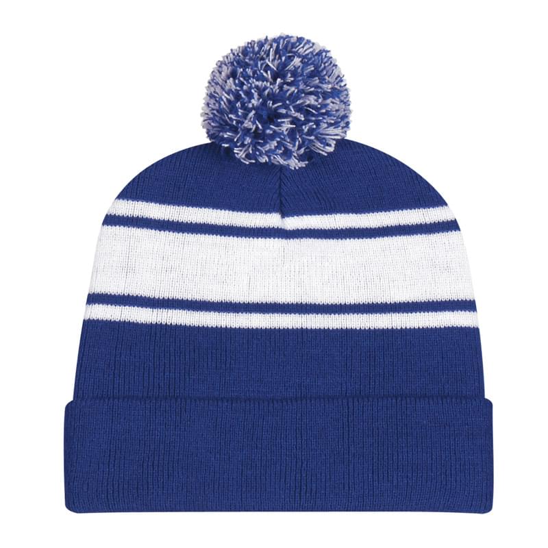 Two-Tone Knit Pom Beanie With Cuff