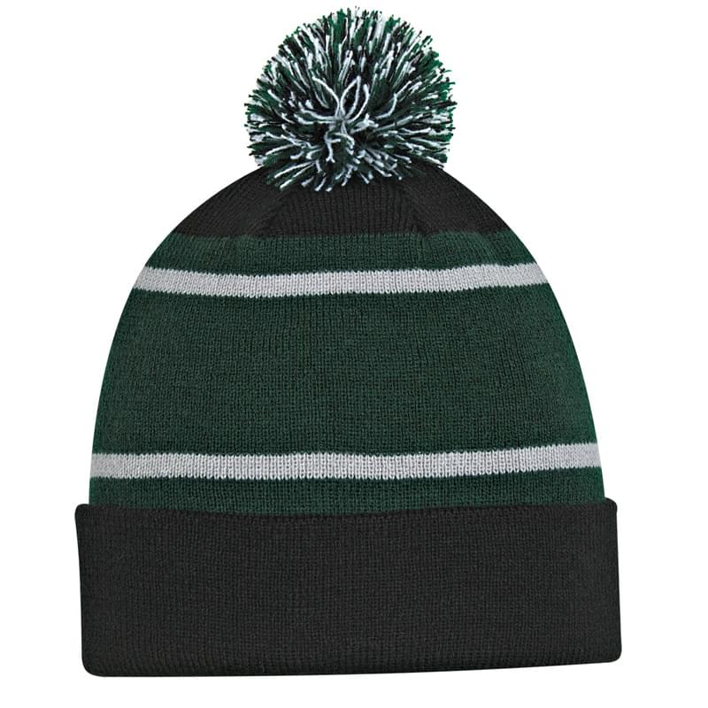 Tri-Tone Striped Pom Beanie With Cuff