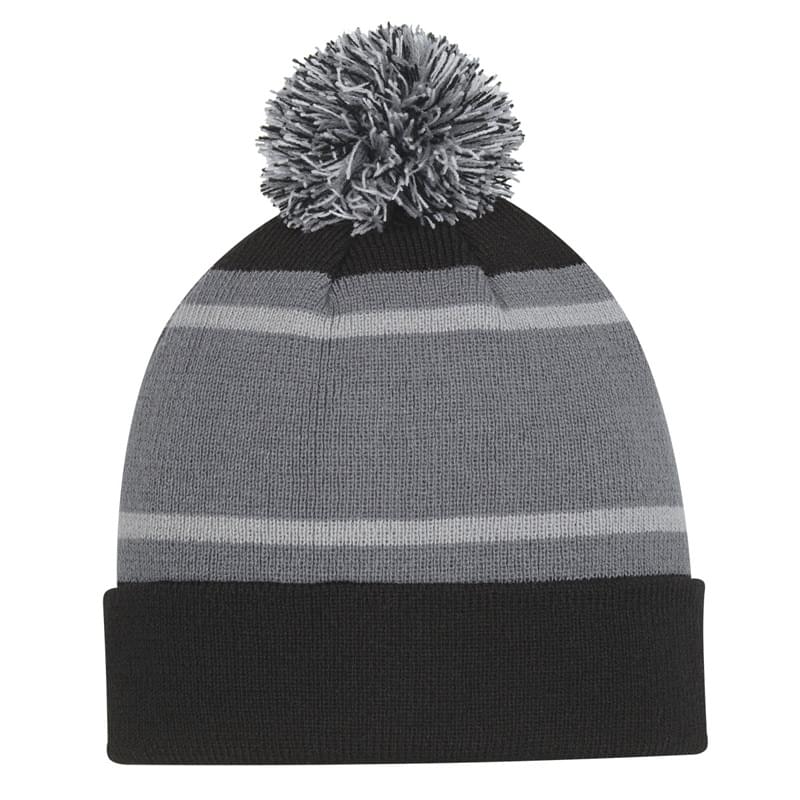 Tri-Tone Striped Pom Beanie With Cuff