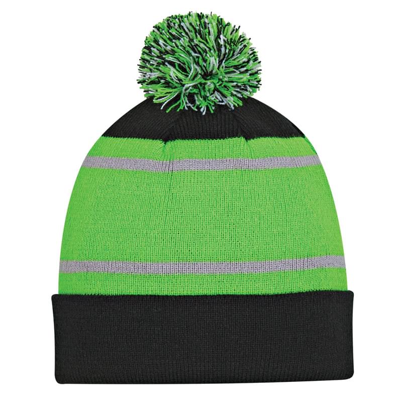 Tri-Tone Striped Pom Beanie With Cuff