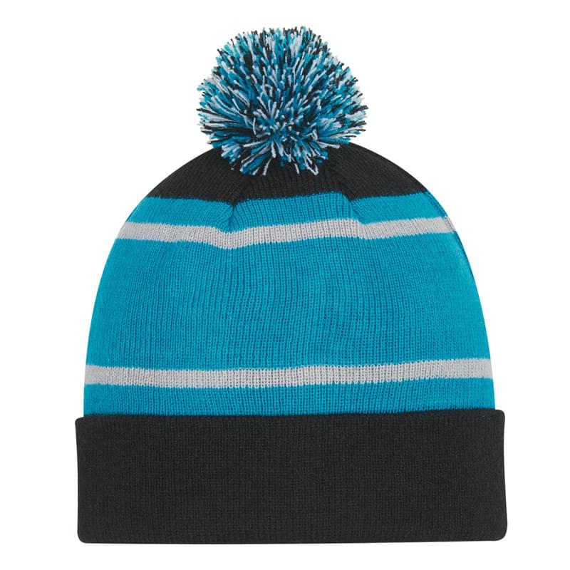 Tri-Tone Striped Pom Beanie With Cuff