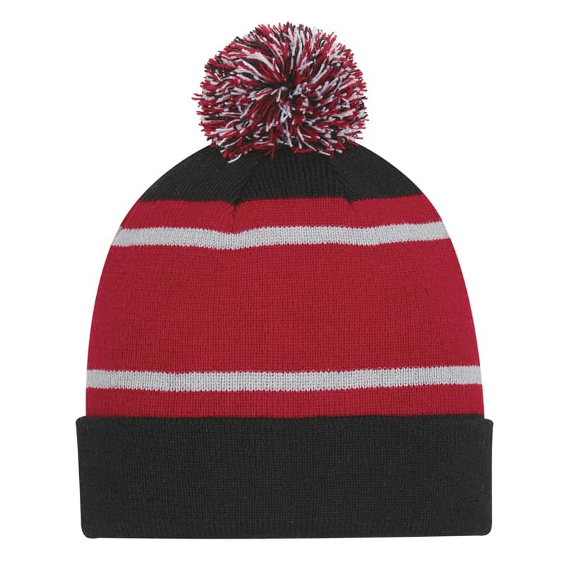 Tri-Tone Striped Pom Beanie With Cuff