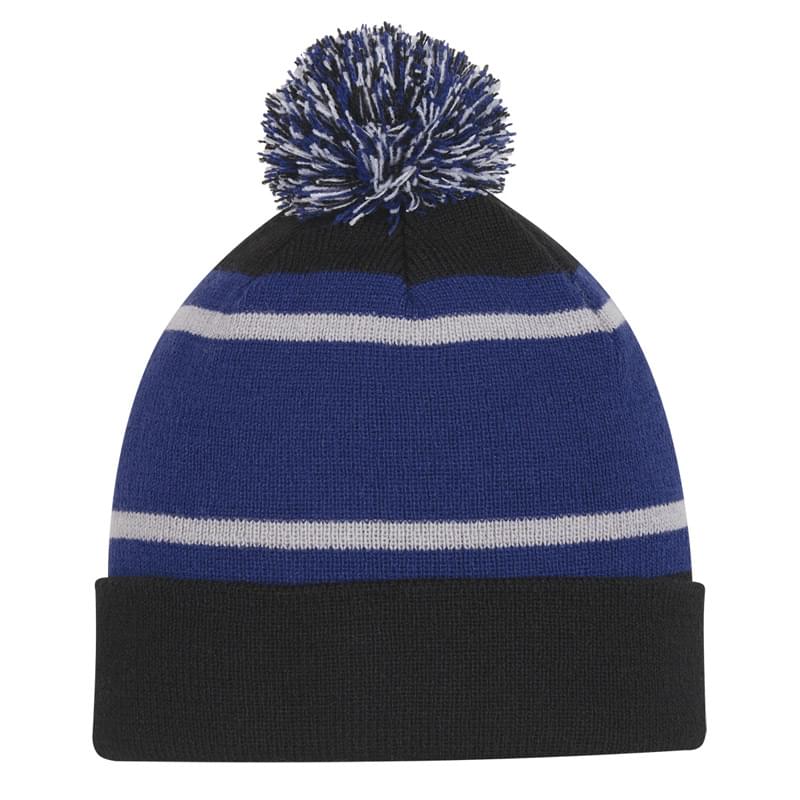 Tri-Tone Striped Pom Beanie With Cuff