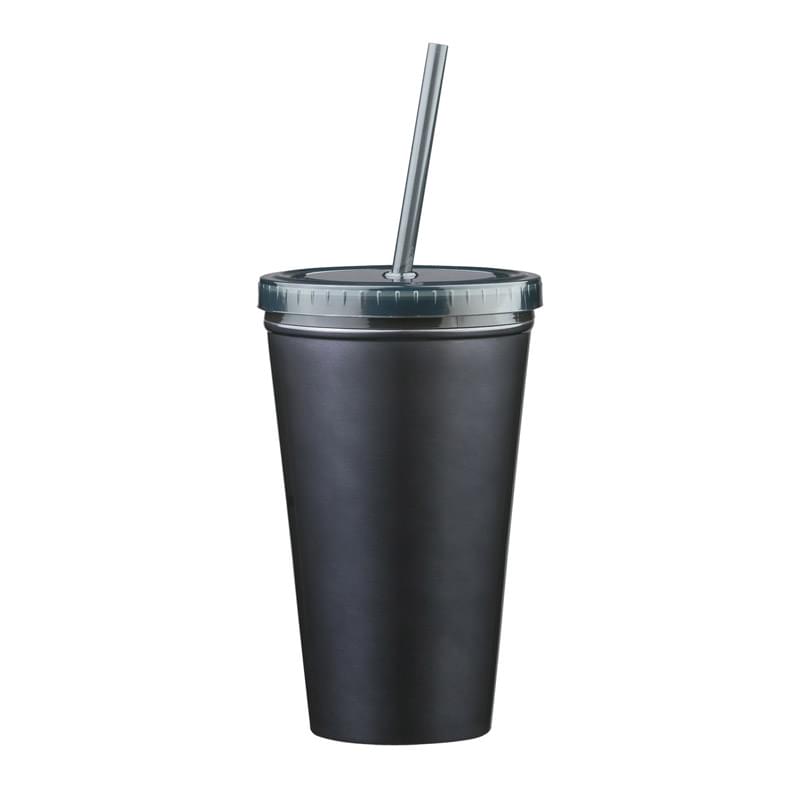 16 Oz. Stainless Steel Double Wall Tumbler With Straw