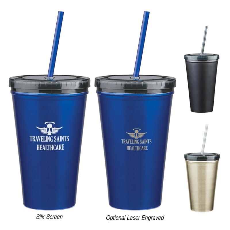 16 Oz. Stainless Steel Double Wall Tumbler With Straw