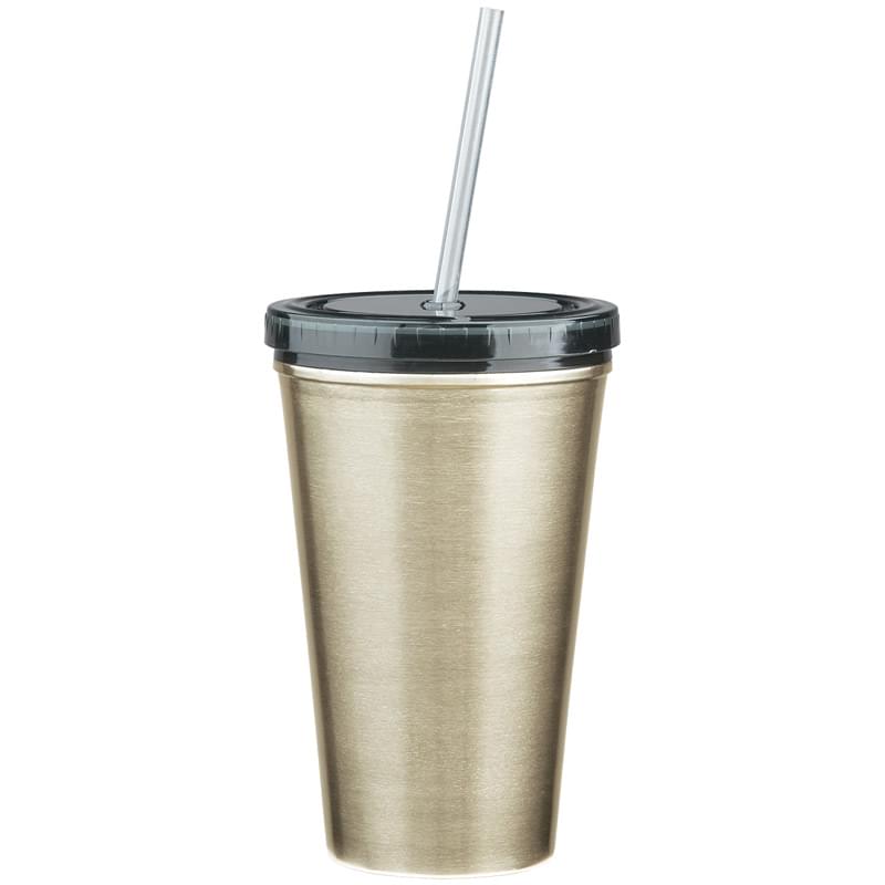 16 Oz. Stainless Steel Double Wall Tumbler With Straw