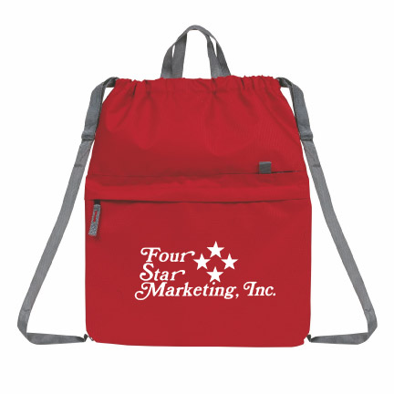 ExpoFlex Cinch Backpack - Contempo Drawstring Backpack is made of Poly 300D Ripstop PU and meets CPSIA & Prop65 on Lead & Phthalates. This simple & unique cinch closure sport pack has spacious main compartment w/ a full-width zippered front pocket (fits up to 10" tablet w/ case). A hidden deep pocket behind for bottle or phone. Adjustable/comfortable web shoulder straps & reinforced carry handles. Great promotional item for work, school, shopping, travel & gym, etc….