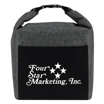 RollTop Chill Tote - Made of Polycanvas 600D with insulated Heat-sealed PEVA lining. Meets CPSIA & Prop65 on Lead & Phthalates. This soft cooler bag features w/ roll top closure & snap allow to adjust the height as needed (hold 6 to 12 cans). Color contrast front pocket w/ matching handles. Spacious main compartment w/ insulation & heat-sealed PEVA lining to keep contents fresh. Great promotional item for school, work, travel.