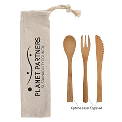 3-Piece Bamboo Utensil Set in Travel Pouch - Includes Fork, Spoon And Knife and 8 Oz. Cotton Carrying Pouch. Utensils Slide Into Protective Case For Convenient Travel And To Keep Utensils Clean. Meets FDA Requirements. BPA Free. Hand Wash Recommended. Made Of Biodegradable Material. No Plastic. Can Naturally Degrade And Breakdown.
