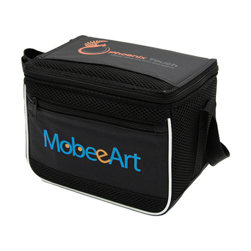 Mesh Pro 6-Can Cooler Lunch Bag - Ideal Air Mesh Insulated Cooler Lunch bag for any type of active outing. Air Mesh and Nylon 70 D with PVC backing. Dual zippered main compartment with inside insulated E-PEVA heat seal lining. Adjustable webbing shoulder / carrying strap. Top sleeve pocket. Front zippered pocket