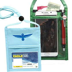 Nylon Double-Window Badgepak - Flash your credentials at the next tradeshow, convention, festival or other event in style with our ID neck wallet. This handy item, which measures 6.75" x 5.25", is made of high-quality 210D nylon and it features a 3/8"-wide adjustable lanyard cord. The front window has a 4" x 3" insert that clearly displays your ID card or badge. Customize with your company name and logo to heighten your brand exposure. Available in several colors, this pouch will make for a useful promotional handout. Front Clear Window 