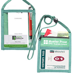 Nylon Zipper-Pocket Badgepak - Flash your name with this eye-catching small economy neck wallet measuring 8.25"H x 5.125"W with an adjustable 36" lenght lanyard with a 4" x 3" front clear window and 4" x 6" back window. Add your company name or logo on a imprint area of 2" x 3" using our four color screen print or full color/CMYK imprinting. Has clear front and back window. Also zipper pocket. Front Clear Window Insert Size: 3" H x 4" W. Top Front Zipper Pocket Insert Size: 5.5" H x 4" W. Back Clear Window Insert Size: 5" H x 4" W.