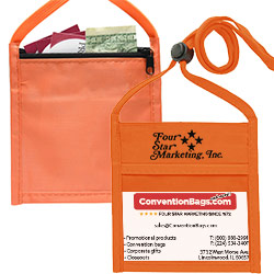 Nylon Front-Pocket Badgepak - This single pocket neck wallet with a 3/8" adjustable lanyard, a pouch with secure zipper closure, and two pockets that suit any 4.33" x 2.75" name tag. Measuring 5.33 " x 2.75 " made of 70 denier non-woven polyester fabric and polypropylene with a clear window pocket. dd your company name or logo on a imprint area of 1.5" x 2.5" using our four color screen print or full color/CMYK imprinting. 	Front Clear Window Insert Size: 2.50" H x 4" W. Back Front Zipper Pocket Insert Size: 5" H x 4" W.