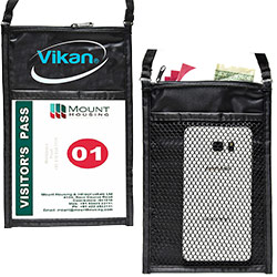 Nylon Double-Pouch Badgepak - Ideal large double pocket neck wallet measures 8.25" x 5.50" and features an adjustable lanyard cord and pen holder. Front window pocket measures 5" x 4.75" and a large back window pocket with an imprint area of 1.5" x 2.5" using our four color screen print or full color/CMYK imprinting. Measuring 6 3/5"H x 5 4/5"W, 3/8" x 36" adjustable lanyards. Clear Front Window: 5" x 4.75".