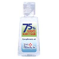 1 Oz. Hand Sanitizer for Personal Safety - Imprinted - Be protected against infectious agents wherever you go with this handy 1 oz. hand sanitizer. With 75% alcohol in clear gel. Includes your full-color logo on a custom sticker, which is then applied to the bottle. Certification: FDA / MSDS. Includes your full-color logo on a custom sticker and applied to the bottle.